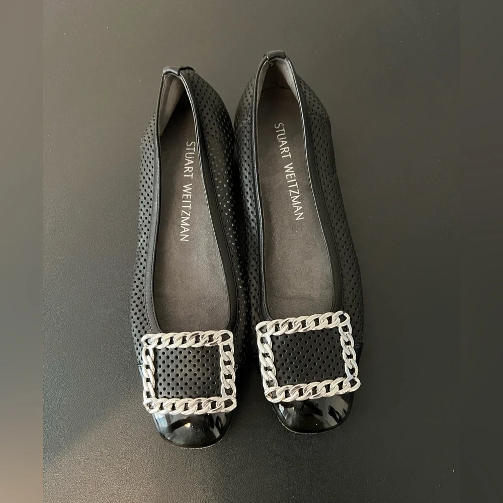 Stuart Weitzman Black Patent Leather Low Heels Flat Mesh Silver Buckle Size 5